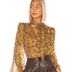 Yellow Floral Tie-Neck Sleeveless Blouse